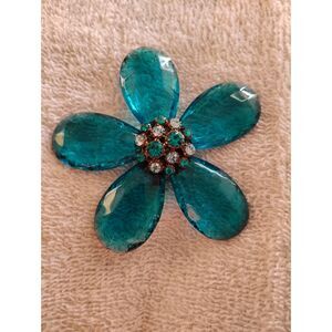 Vintage Large Lucite Flower Brooch Teal Green Blue